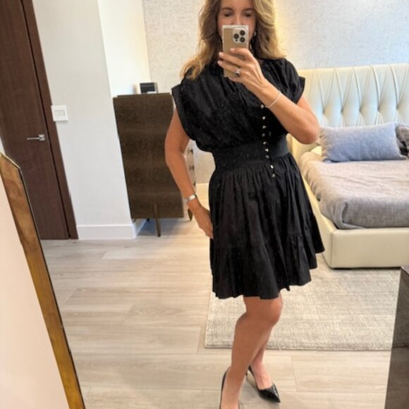 Sandro Black Cap Sleeve Gathered Button-Down Mini Dress Size 40 (US 8) - Picture 3 of 9